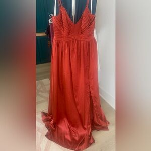 Azazie Alia Terracotta A-Line Pleated Metallic Satin Dress